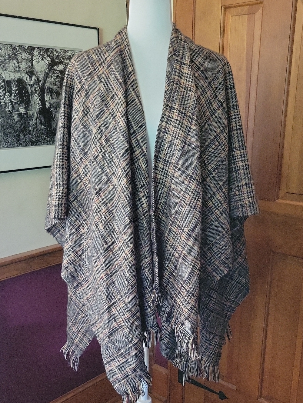 Plaid Fringe Ruana Wrap - Neutral Plaid